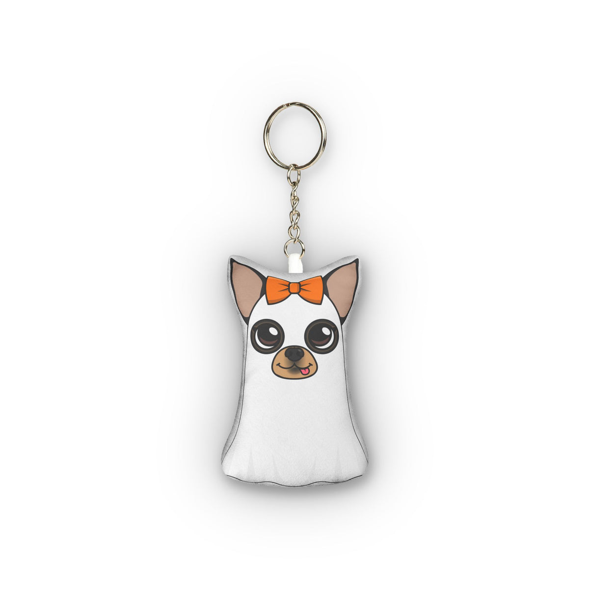 Reverse side of Ghost Maya mini plush keychain, showing her ghost costume and orange bow.