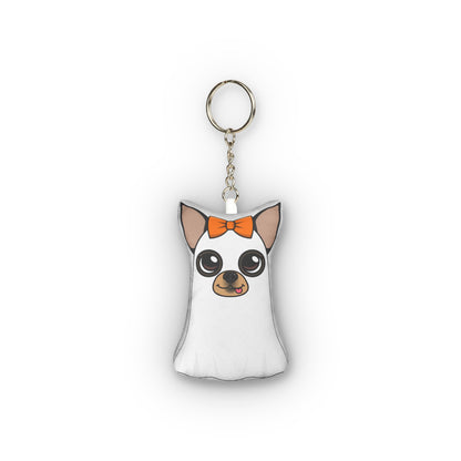 Reverse side of Ghost Maya mini plush keychain, showing her ghost costume and orange bow.