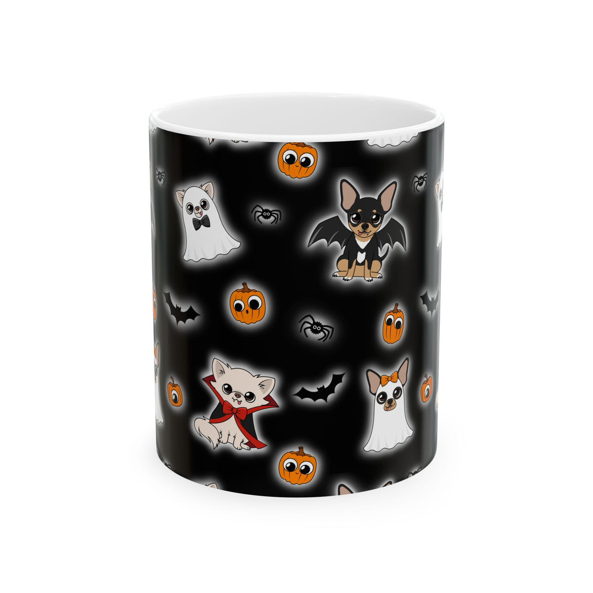 White 11 oz ceramic mug with a black wraparound Halloween Chis Chihuahua pattern.