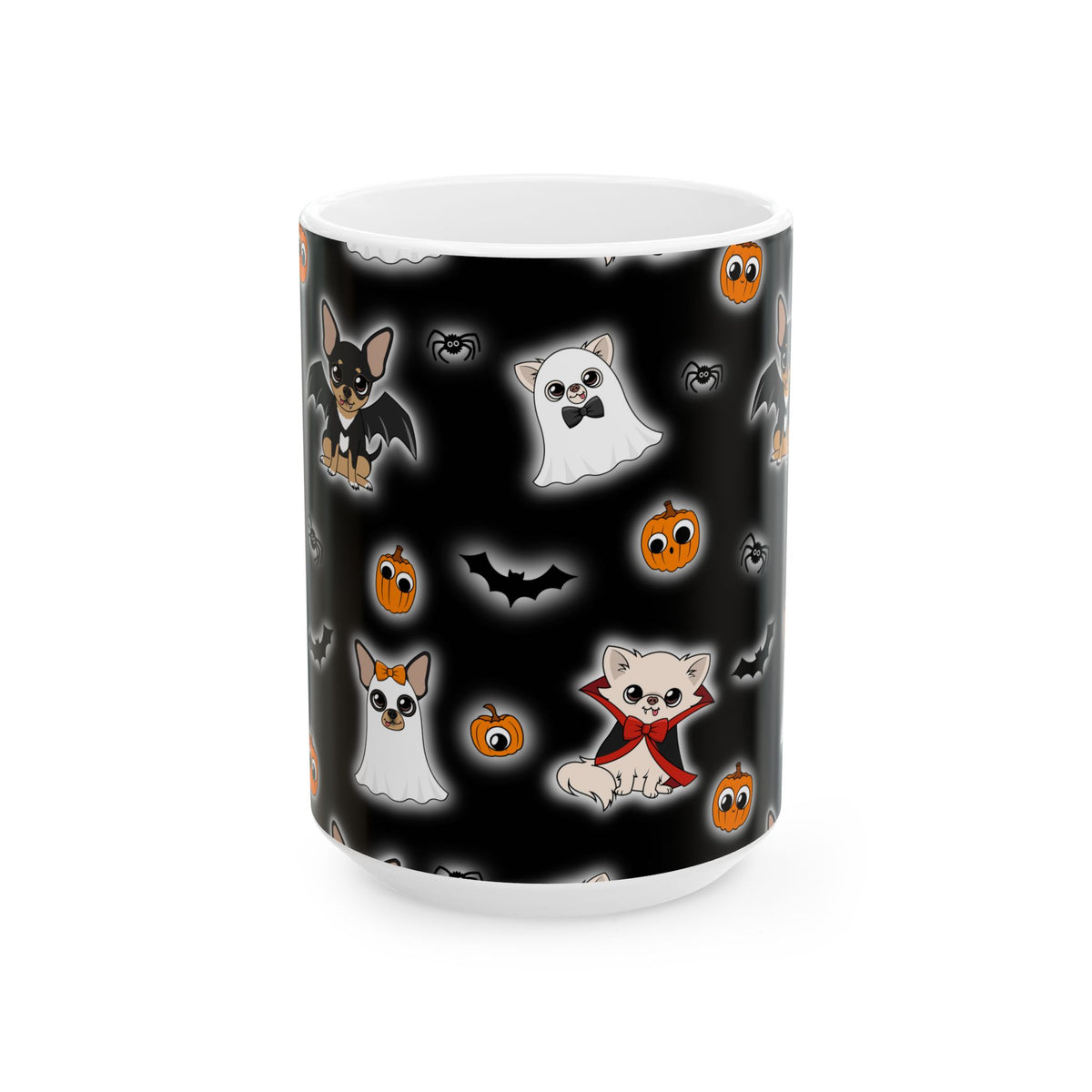 White 15 oz ceramic mug with a black wraparound Halloween Chis Chihuahua pattern.
