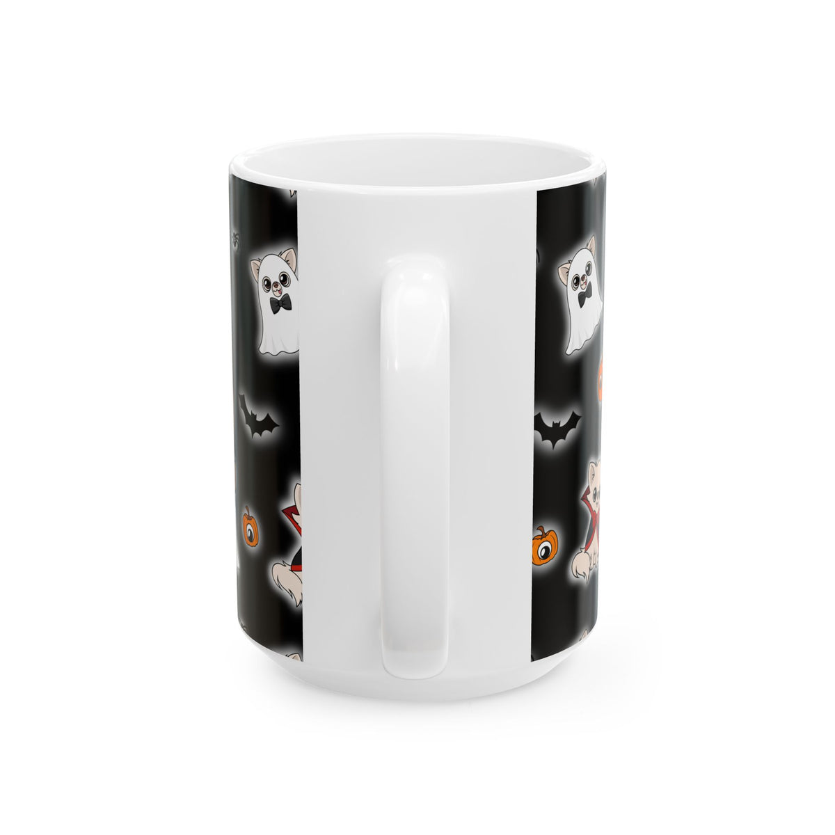 Close view of the mug handle between sections of the Halloween Chis wraparound print.