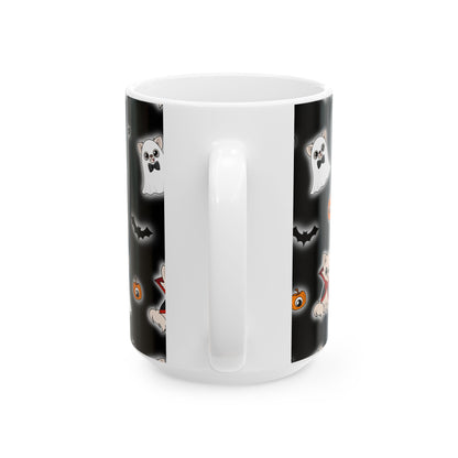 Close view of the mug handle between sections of the Halloween Chis wraparound print.