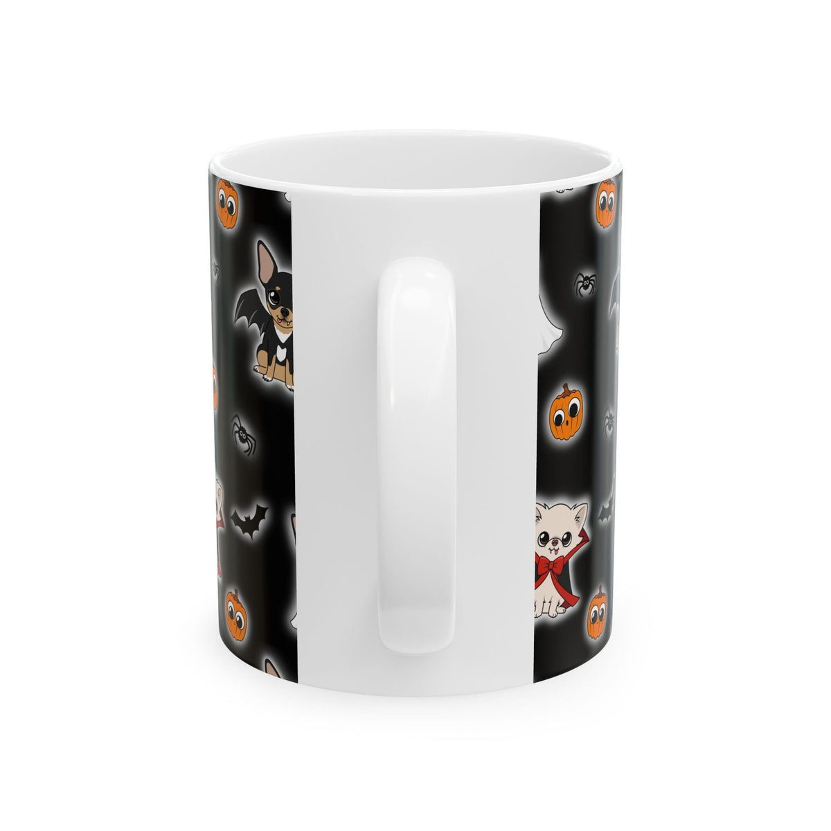 White ceramic mug turned to show its handle and the Halloween Chis print wrapping around the sides.