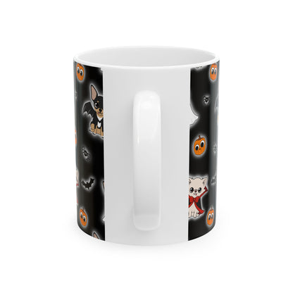 White ceramic mug turned to show its handle and the Halloween Chis print wrapping around the sides.