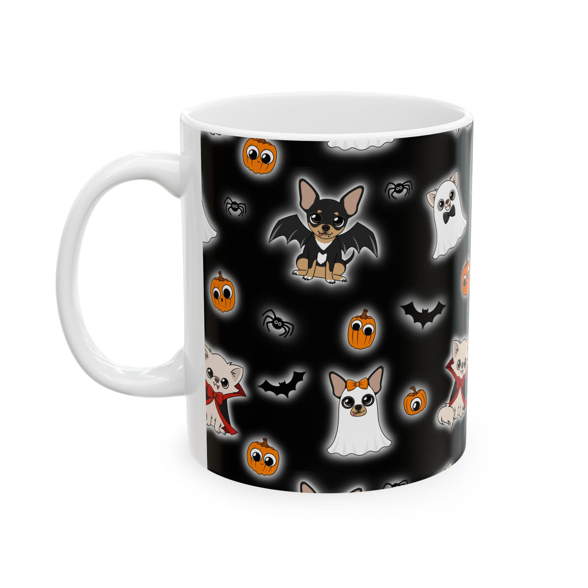 White mug with the Halloween Chis design, shown with the handle on the left.