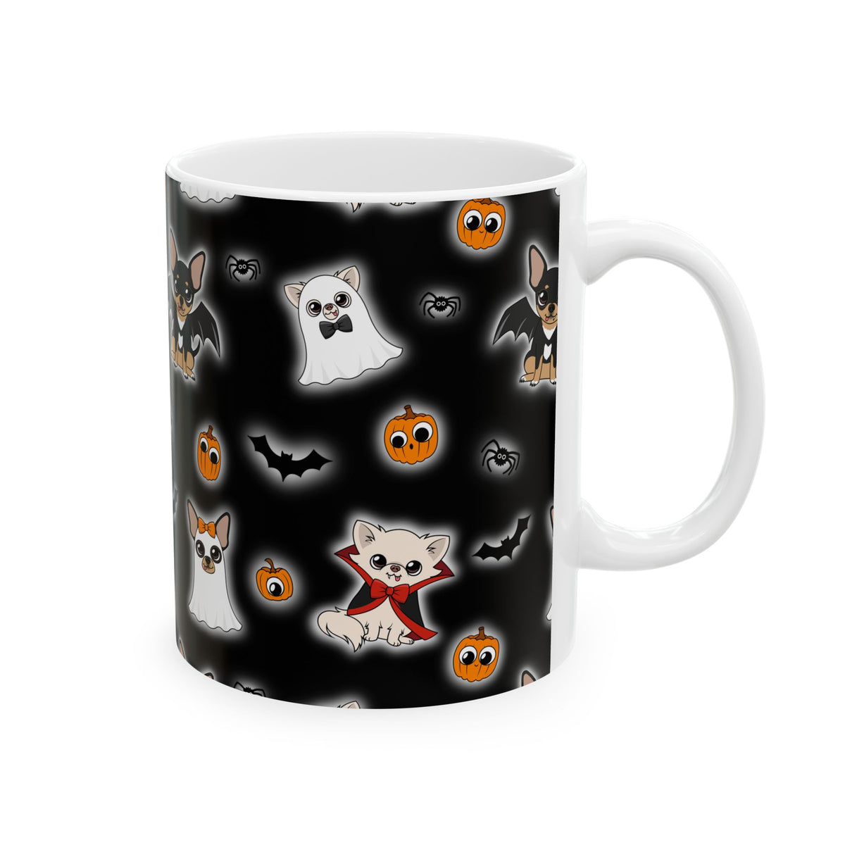 White mug with the Halloween Chis design, shown with the handle on the right.