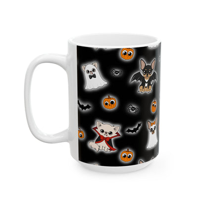 Reverse view of the white ceramic mug showing the black Halloween Chis pattern.