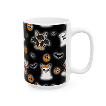 Three-quarter view of a white mug with the black Halloween Chis print and C-shaped handle.