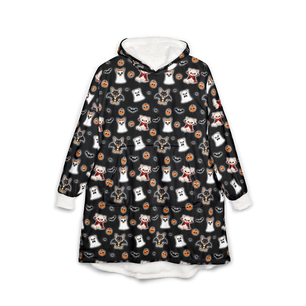 Front view of a black wearable hooded blanket covered in the Halloween Chis pattern, with a white lined hood and cuffs.