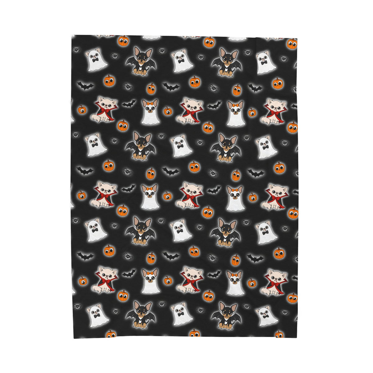 Black Halloween Chis velveteen blanket shown flat with the repeating Chihuahua print.