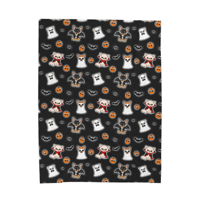 Black Halloween Chis velveteen blanket shown flat with the repeating Chihuahua print.