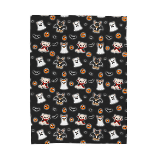 Black Halloween Chis velveteen blanket shown flat with the repeating Chihuahua print.