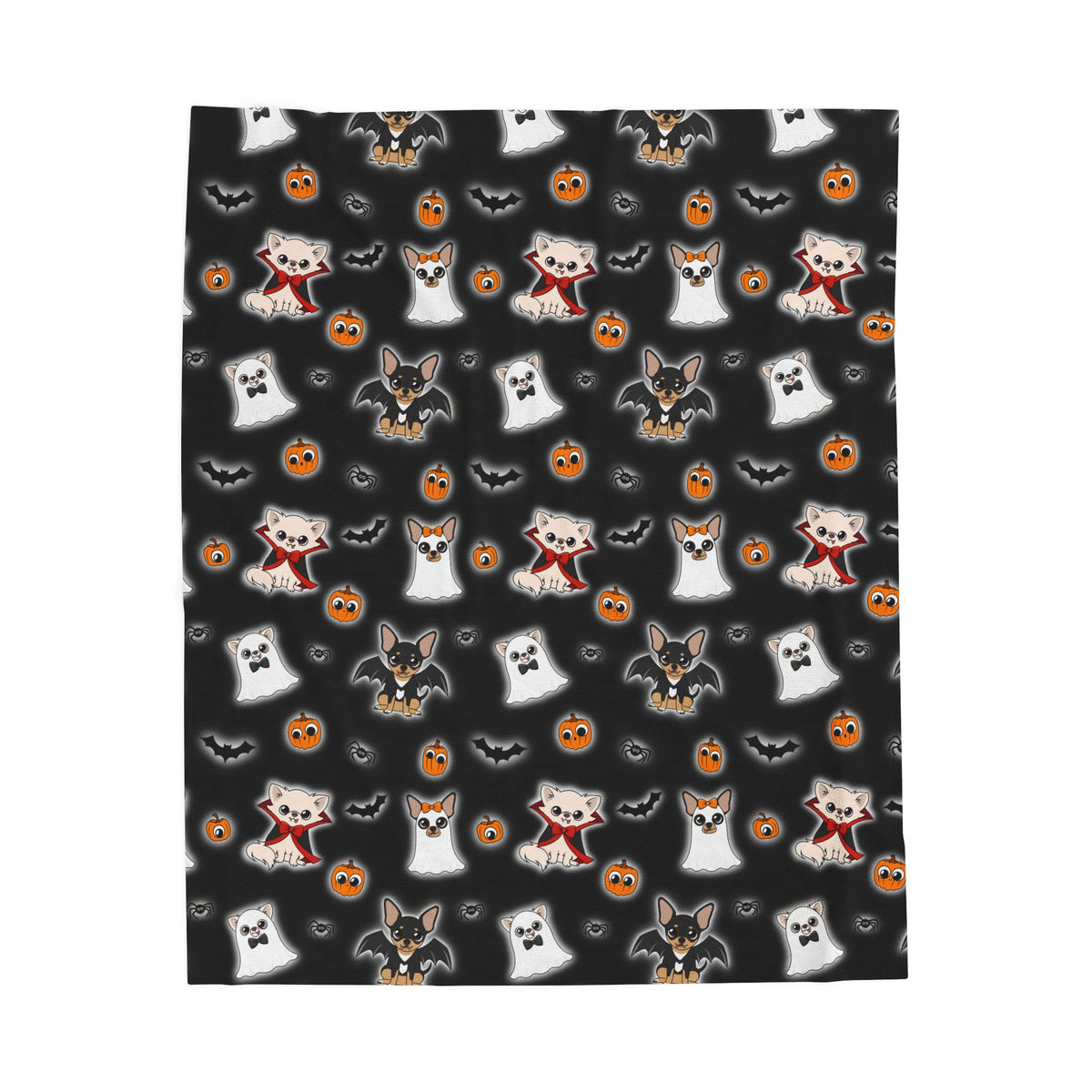 Black Halloween Chis velveteen blanket shown flat with a repeating ghost and vampire Chihuahua pattern.