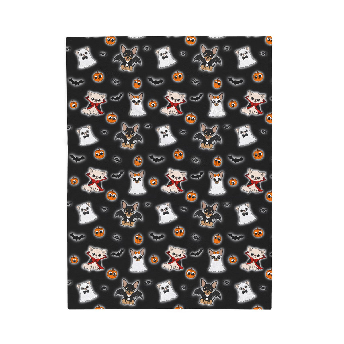 Black Halloween Chis velveteen blanket shown flat, covered in the all-over character pattern.