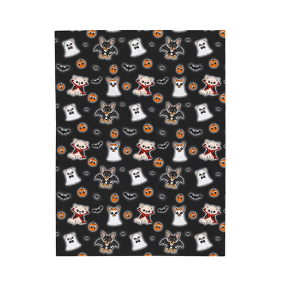 Black Halloween Chis velveteen blanket shown flat, covered in the all-over character pattern.