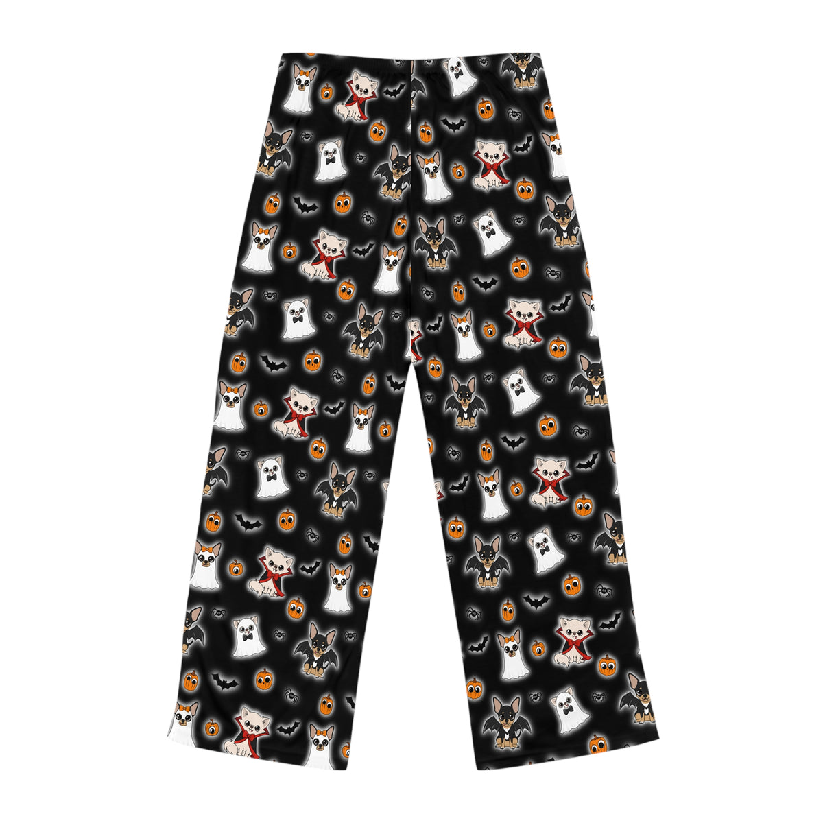 Angled view of black Halloween pajama pants printed with repeating ghost and vampire Chihuahua characters.