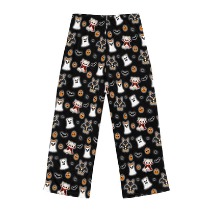 Angled view of black Halloween pajama pants printed with repeating ghost and vampire Chihuahua characters.
