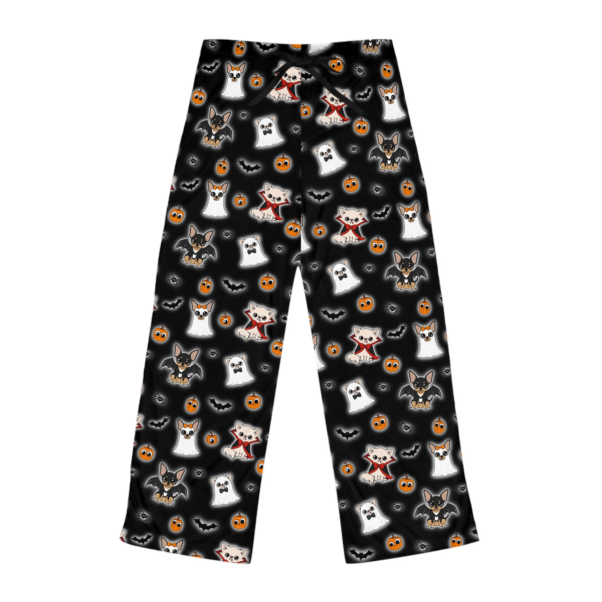 Black Halloween pajama pants with a repeating mix of ghostly and vampire Chihuahuas, pumpkins and bats.