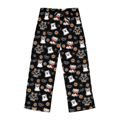 Black Halloween pajama pants with a repeating mix of ghostly and vampire Chihuahuas, pumpkins and bats.