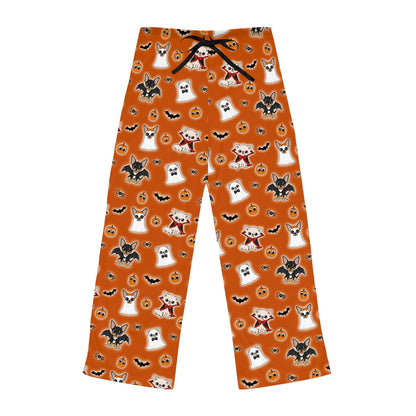 Orange Halloween Chis AOP pajama pants with the repeating ghost and vampire Chihuahua pattern.
