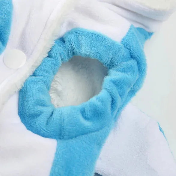 Close-up of a blue shark costume front-leg opening with gathered edging