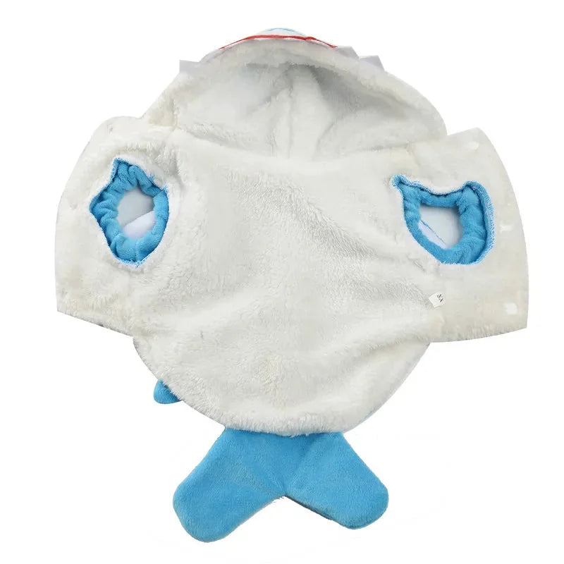 Open blue shark costume showing its white textured lining and front-leg openings