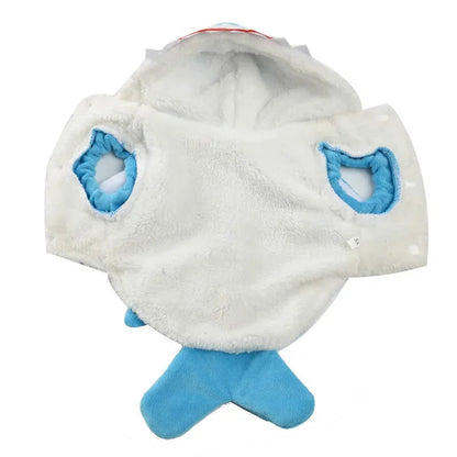 Open blue shark costume showing its white textured lining and front-leg openings