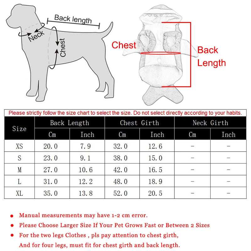 Shark costume size chart showing back length and chest circumference for XS to XL