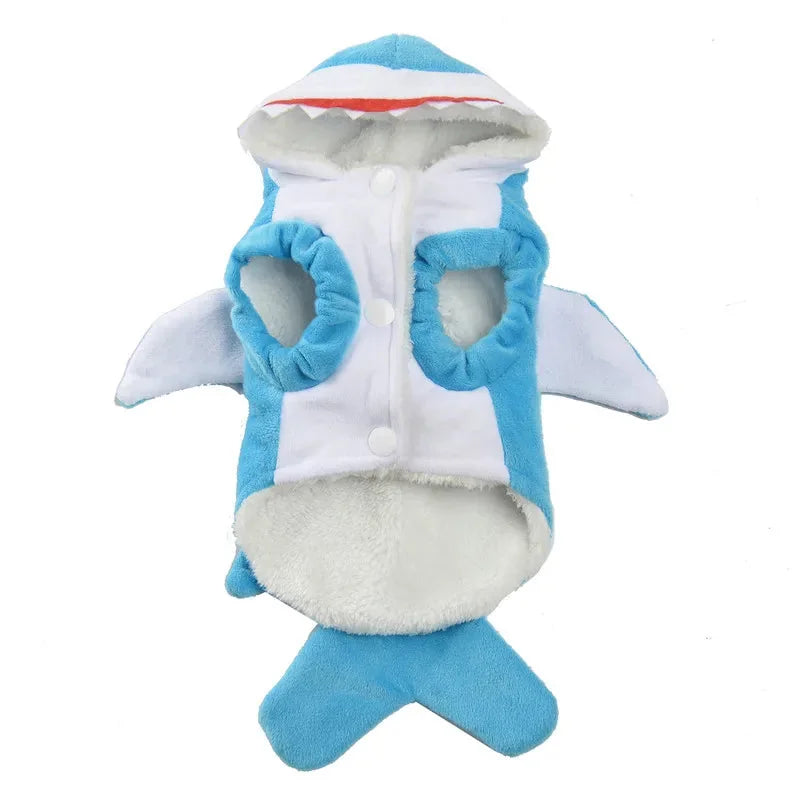 Underside of the blue shark costume showing three snaps and two front-leg openings