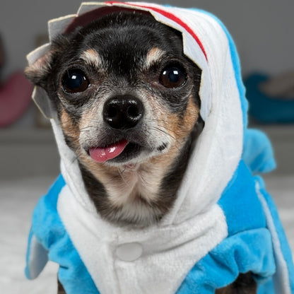 Close-up of Maya’s face framed by the shark costume’s white hood and teeth
