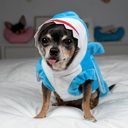 Maya facing forward in the blue Little Chomp shark costume with a white tooth-edged hood
