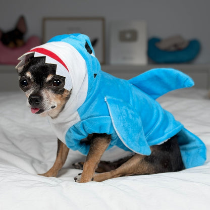 Maya wearing the blue shark costume, showing its hood, side fin and tail