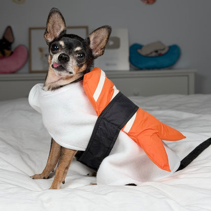 Maya wearing the shrimp sushi costume, viewed from the front and side