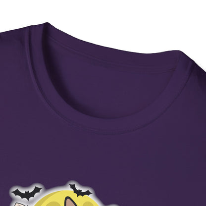 Close-up of the collar on a purple unisex t-shirt, showing the top of a yellow moon graphic with small black bats near the neckline.