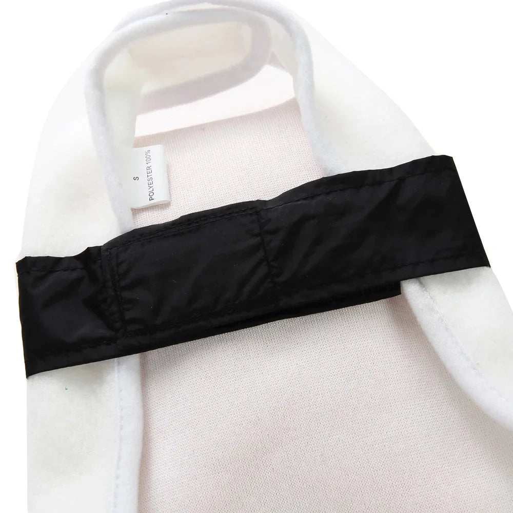 Inside view of the shrimp sushi costume showing its white lining, neck opening and black wrap