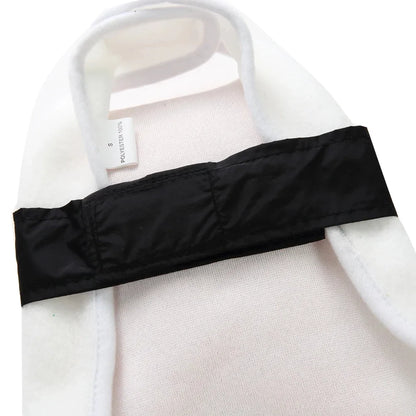 Inside view of the shrimp sushi costume showing its white lining, neck opening and black wrap