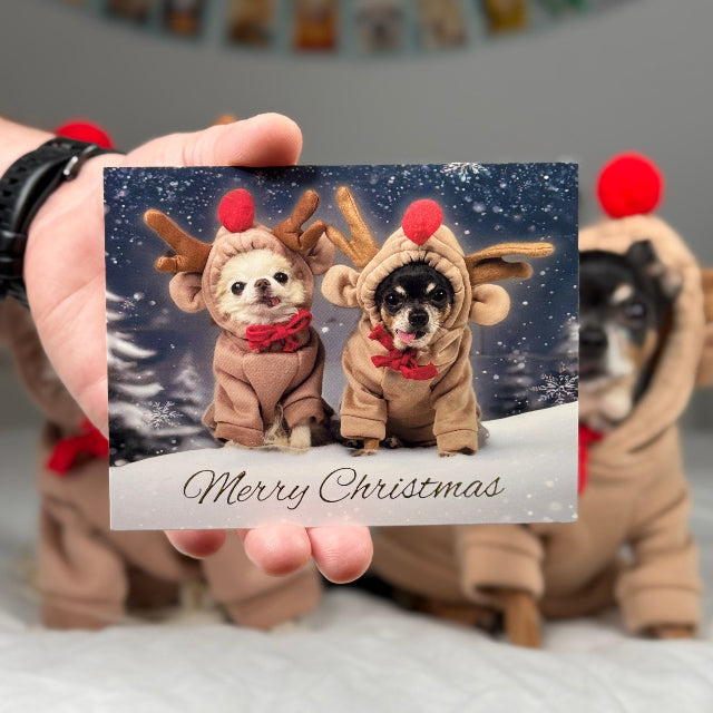 Two dogs in reindeer costumes with a 'Merry Christmas' card in front.