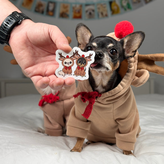 Dog in a reindeer costume holding a sticker with cartoon reindeer on a bed.