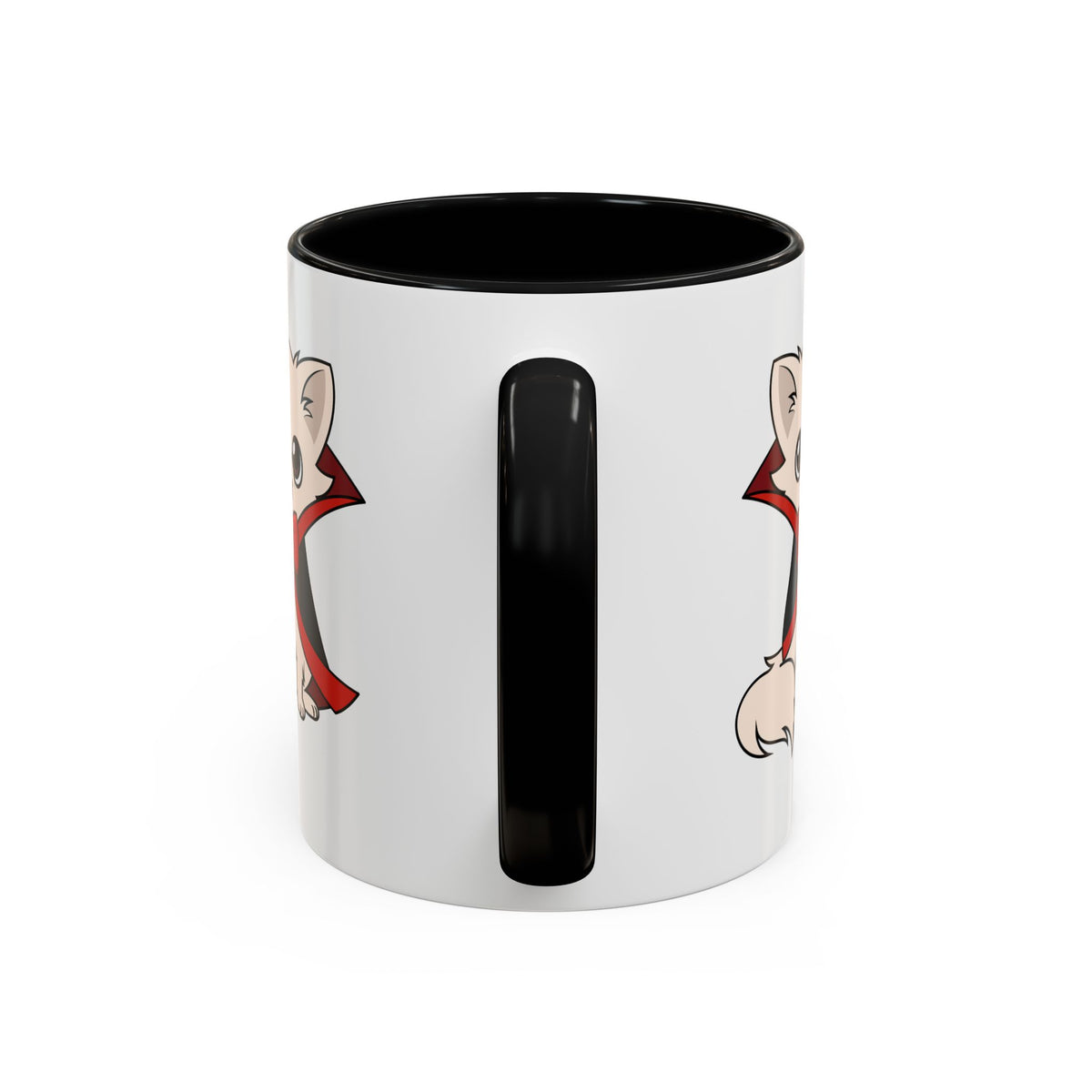 White accent coffee mug with black handle and interior, showing partial front views of a small chihuahua in a black cape with red lining on each side of the handle.