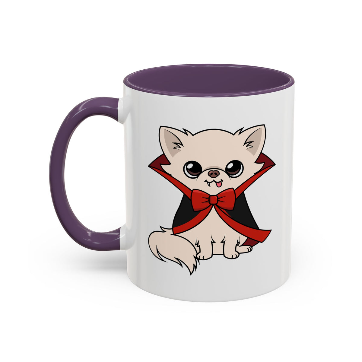 White ceramic mug with a purple handle and interior, featuring a cute front-facing chihuahua in a black cape with red lining and a red bow tie, shown on the left side of the mug.
