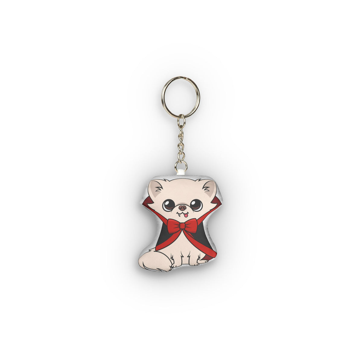 Vampire Cedric mini plush keychain wearing a black cape with red lining.