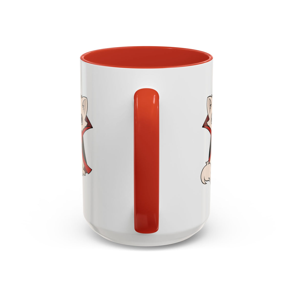 Back view of a white accent coffee mug with a red handle and interior, showing partial artwork of a small chihuahua in a black cape with red lining on each side of the handle.