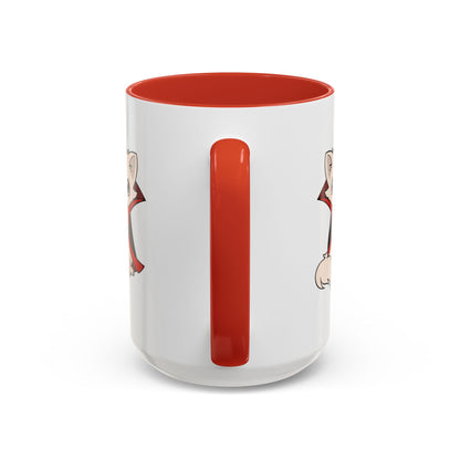 Back view of a white accent coffee mug with a red handle and interior, showing partial artwork of a small chihuahua in a black cape with red lining on each side of the handle.
