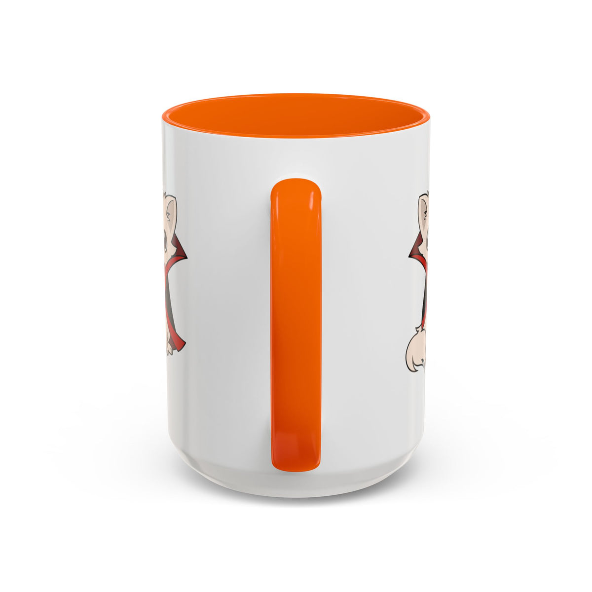 White ceramic mug with bright orange handle and interior, showing a partial back view of a small cartoon chihuahua in a black cape with red lining near the rim edge.