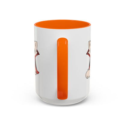 White ceramic mug with bright orange handle and interior, showing a partial back view of a small cartoon chihuahua in a black cape with red lining near the rim edge.