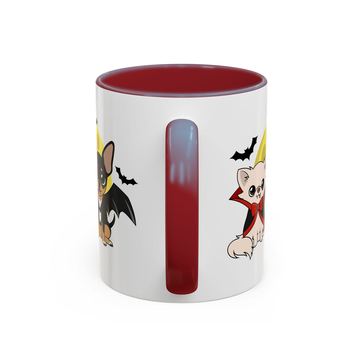 White ceramic mug with a maroon handle and interior, showing the back view where cartoon vampire Chihuahuas in capes and bat wings appear partially on each side of the handle with small bats around them.