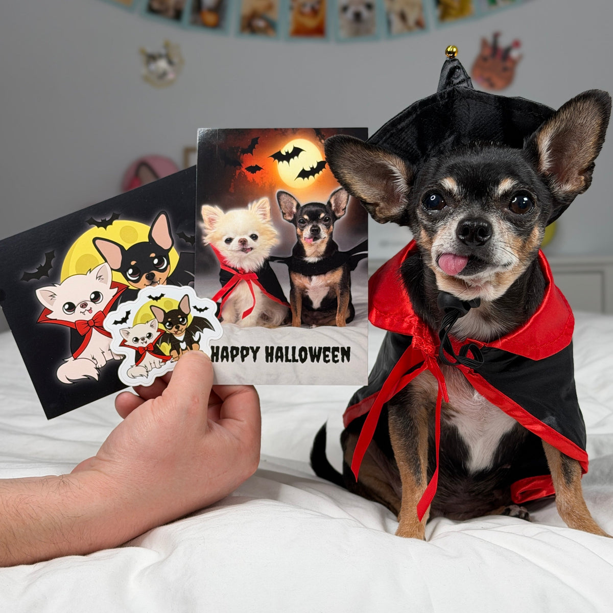 Vampire Chis Pawdograph bundle with the photo card, Halloween greeting card, and duo sticker beside Cedric and Maya.