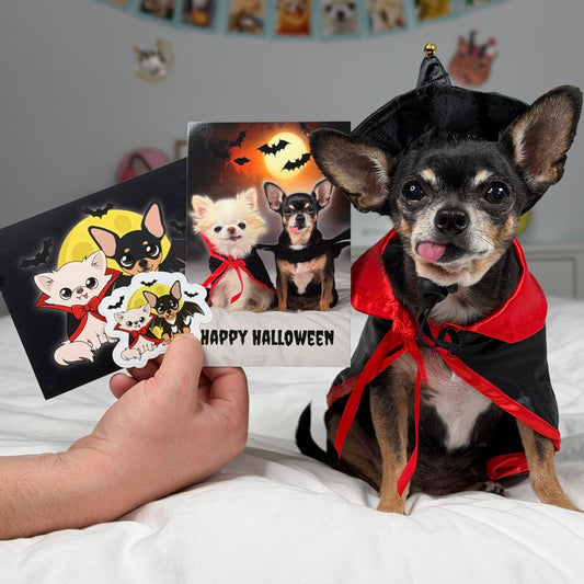 Vampire Chis Pawdograph bundle with the photo card, Halloween greeting card, and duo sticker beside Cedric and Maya.