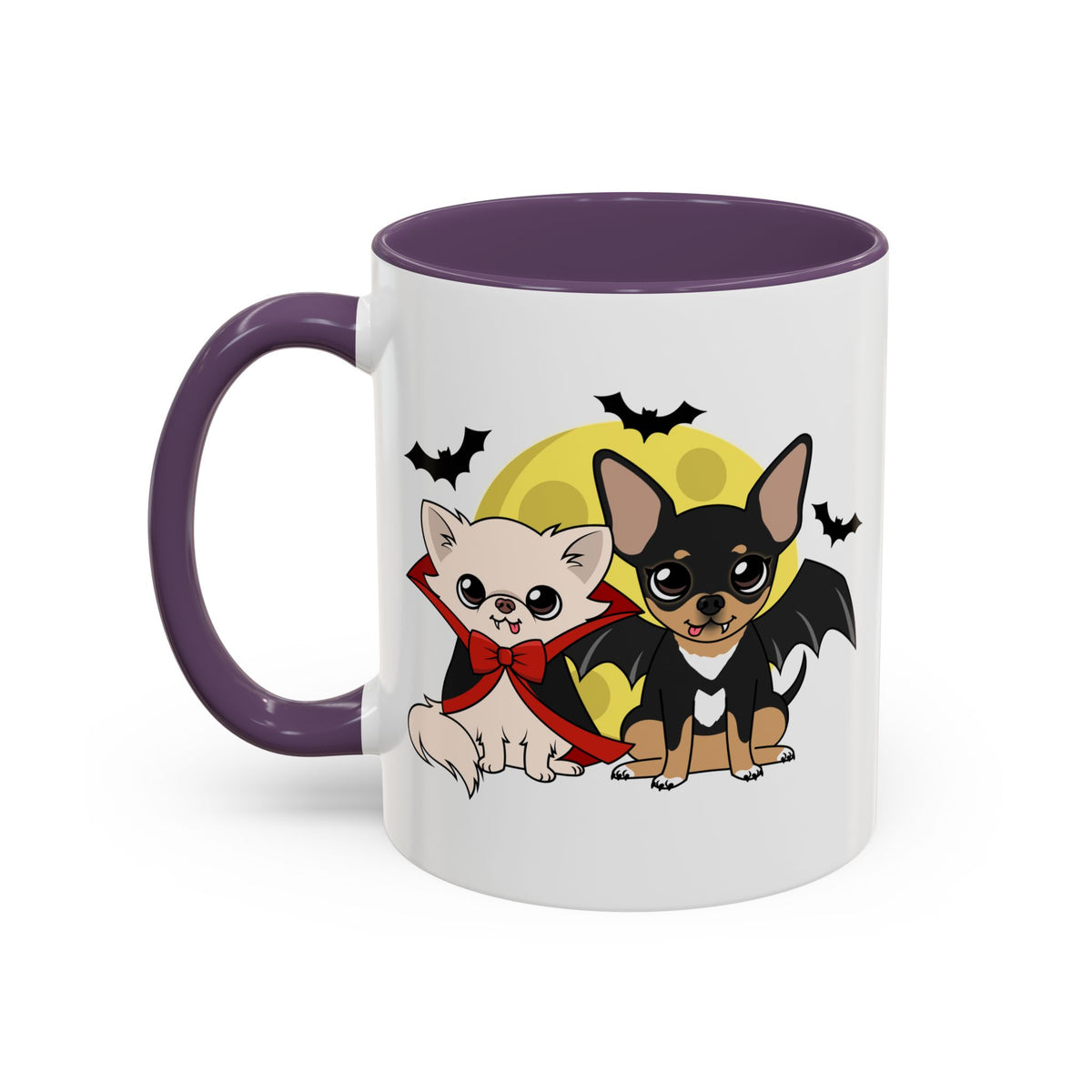White ceramic coffee mug with purple handle and interior, featuring a cute illustration of cream chihuahua Maya in a red cape and bow sitting beside black‑and‑tan chihuahua Cedric with bat wings, tiny fangs, and a yellow full moon with flying bats behind them.
