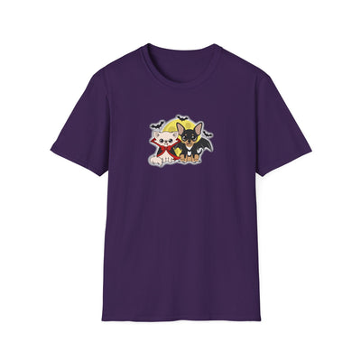 Front view of a purple unisex T-shirt featuring Cedric and Maya in playful Vampire Chis Halloween costumes beneath a yellow moon.